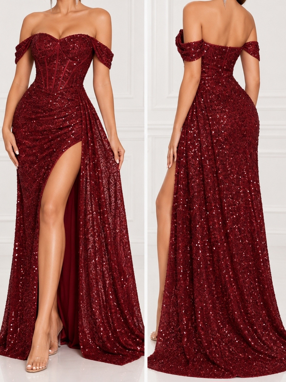 Burgundy Sequin Off-Shoulder Maxi Dress